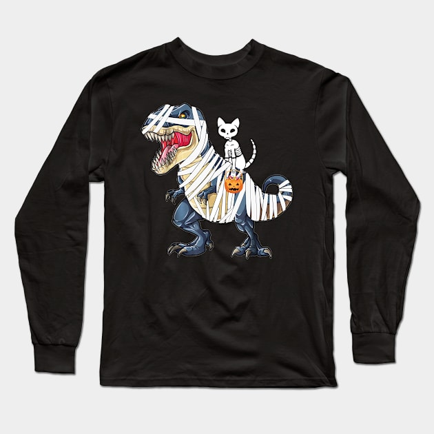 Cat Riding T-Rex Funny Halloween Long Sleeve T-Shirt by Margaretsantana